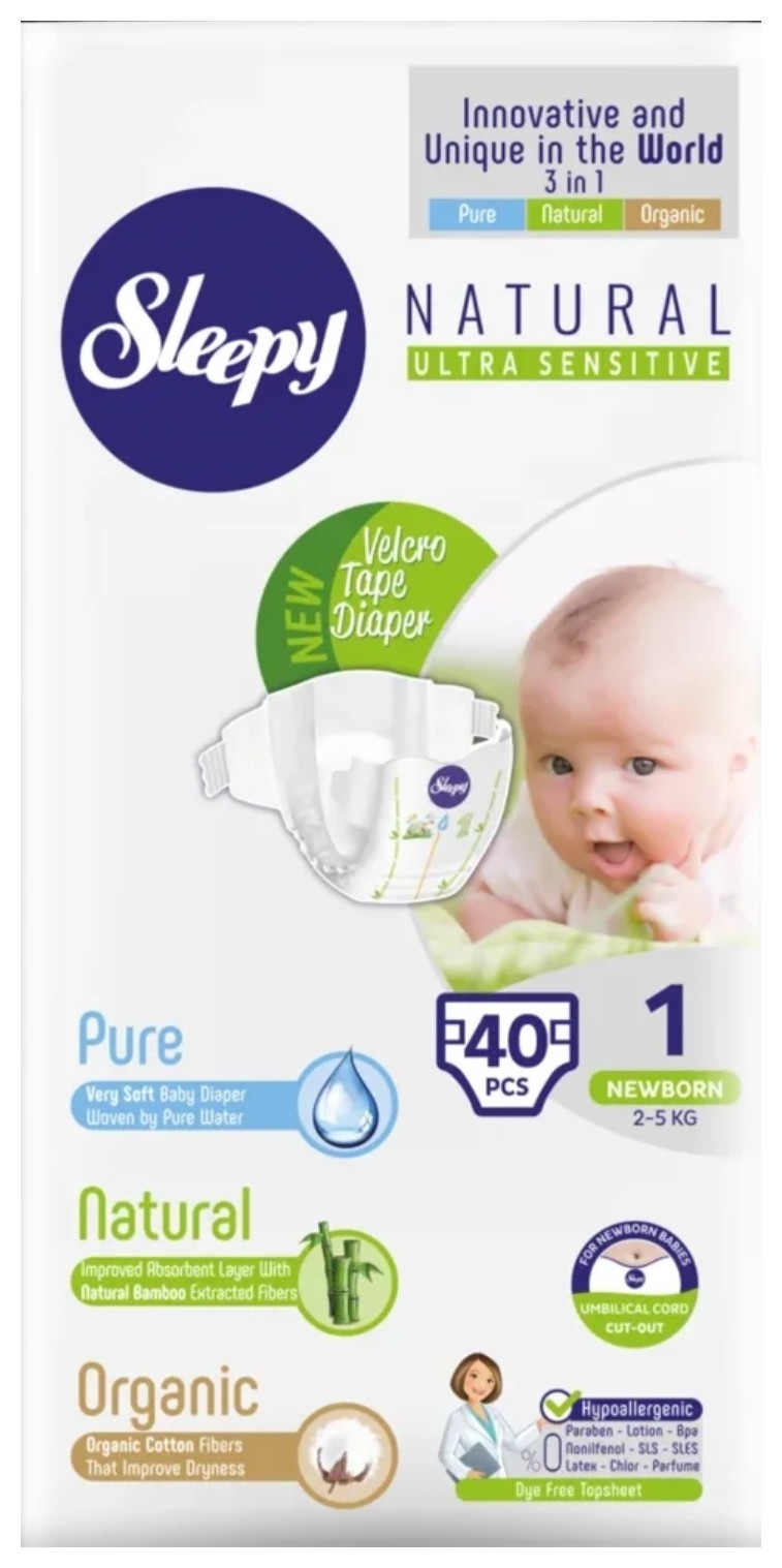 Экологичные детские подгузники "Sleepy Natural", Newborn, размер 1 (2-5 кг), 40 штук
Экологичные детские подгузники "Sleepy Natural", Newborn, размер 1 (2-5 кг), 40 штук