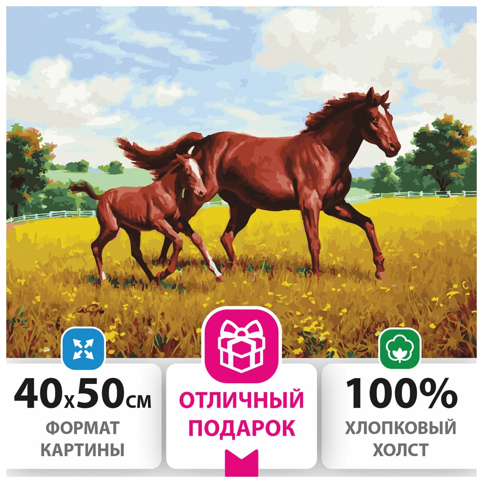 Картина по номерам 40х50 см, остров сокровищ "Лошади на лугу", на подрамнике, акриловые краски, 3 кисти, 662464
Картина по номерам 40х50 см, остров сокровищ "Лошади на лугу", на подрамнике, акриловые краски, 3 кисти, 662464