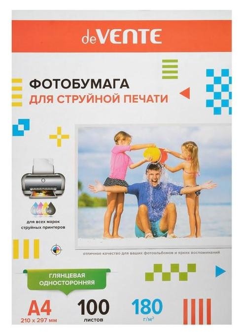 Фотобумага A4 для струйных принтеров Devente 180 г (100 листов), глянцевая, односторонняя, в пластиковом пакете с европодвесом
Фотобумага A4 для струйных принтеров Devente 180 г (100 листов), глянцевая, односторонняя, в пластиковом пакете с европодвесом