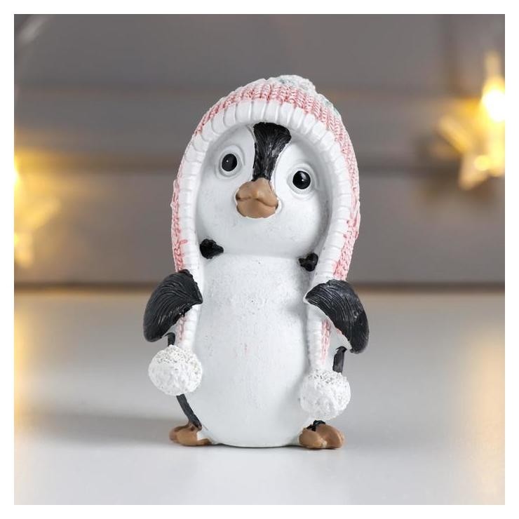 Сувенир полистоун "Пингвинёнок тико в розовой шапке-ушанке с помпоном" 8,5х5х5 см