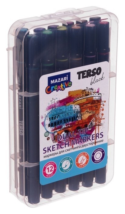 Маркеры для скетчинга двусторонние Mazari Terso Black, 12 цветов, Main Colors (Основные цвета)
Маркеры для скетчинга двусторонние Mazari Terso Black, 12 цветов, Main Colors (Основные цвета)