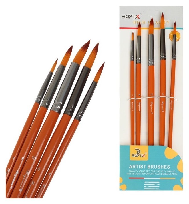 Набор кистей синтетика круглые 5 штук (№2,4,6,8,10), в блистере 
Набор кистей синтетика круглые 5 штук (№2,4,6,8,10), в блистере