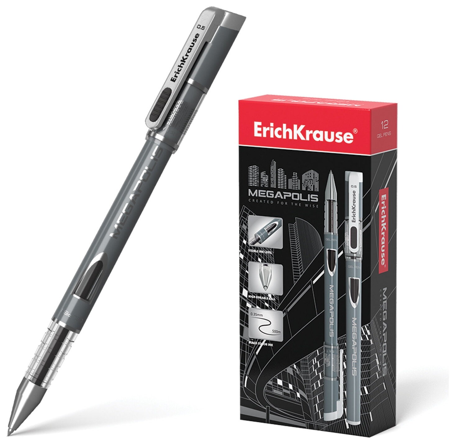 Ручка гелевая узел 0.5 мм, чернила чёрные Megapolis Gel  Erich krause