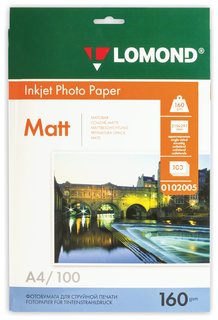 Фотобумага для струйной печати, А4, 160 г/м2, 100 листов, односторонняя матовая, LOMOND  Lomond