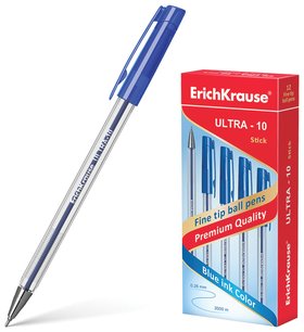 Ручка шариковая масляная Erich Krause "Ultra-10", синяя, корпус прозрачный, узел 0,7 мм, линия письма 0,26 мм Erich krause