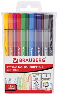 Ручки капиллярные Brauberg, набор 12 шт., "Aero", трехгранные, металлический наконечник, линия письма 0,4 мм Brauberg