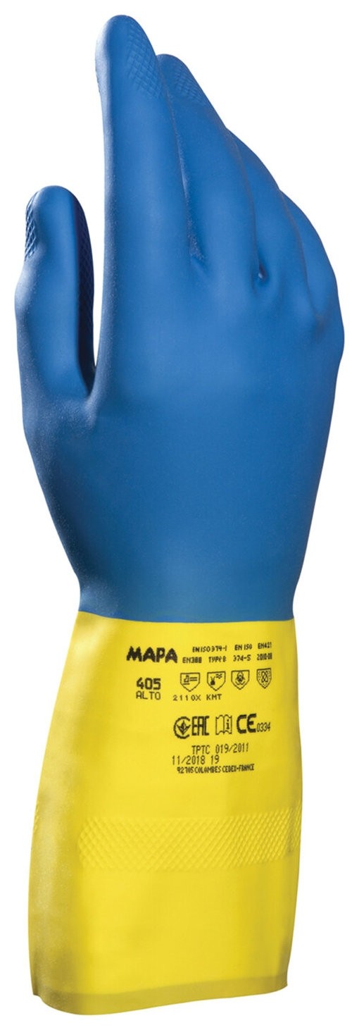 Перчатки латексно-неопреновые MAPA Duo Mix/Alto 405, хлопчатобумажное напыление, размер 8 (M), синие/желтые