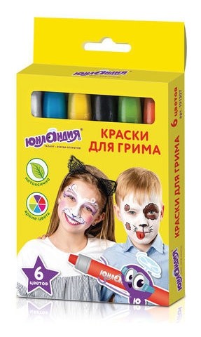 

Краски для грима, набор 6 цветов, яркие цвета, для лица и тела, смываются водой, Белый;желтый;зеленый;красный;синий;черный