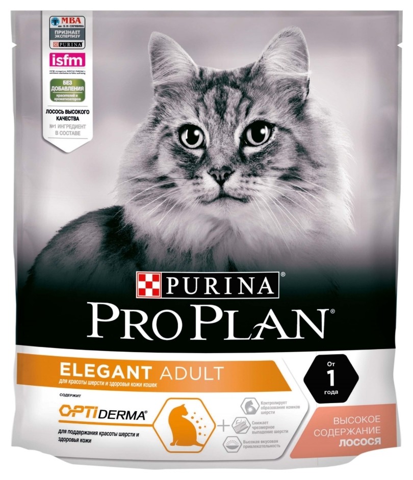 Корм сухой для взрослых кошек с чувствительной кожей с лососем Elegant Pro Plan