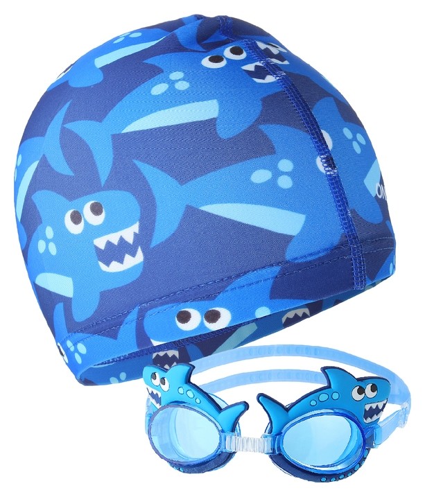 Набор детский для плавания очки и шапочка Акулы