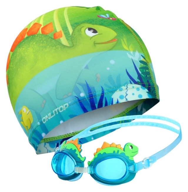 Набор детский Шапочка, очки для плавания и мешок Динозаврик