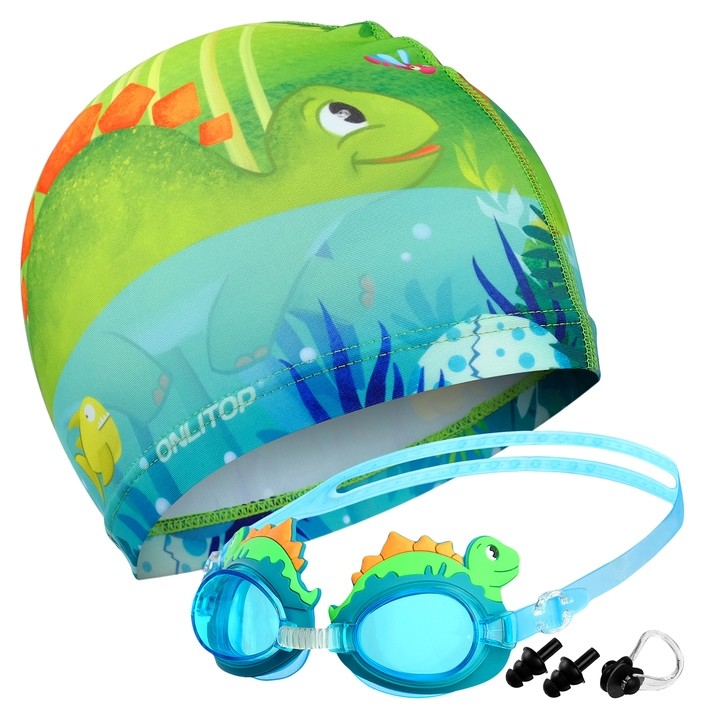 Набор детский Шапочка, очки для плавания, беруши и зажим для носа Динозаврик