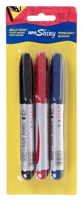 Набор перманентных маркеров, 3 цвета: синий, красный, чёрный, наконечник круглый 4 мм