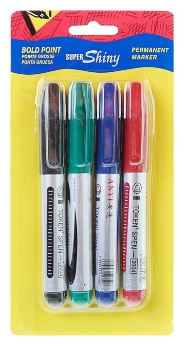 Набор перманентных маркеров, 4 цвета: синий, чёрный, красный, зелёный, 4 мм