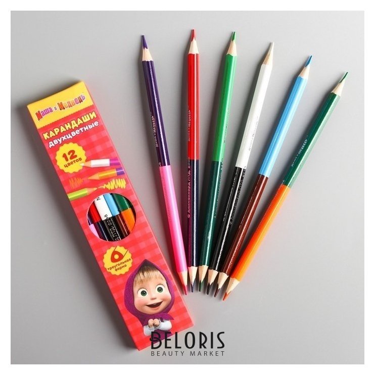 Двухсторонние цветные карандаши 12 цветов 6 штук Маша и Медведь