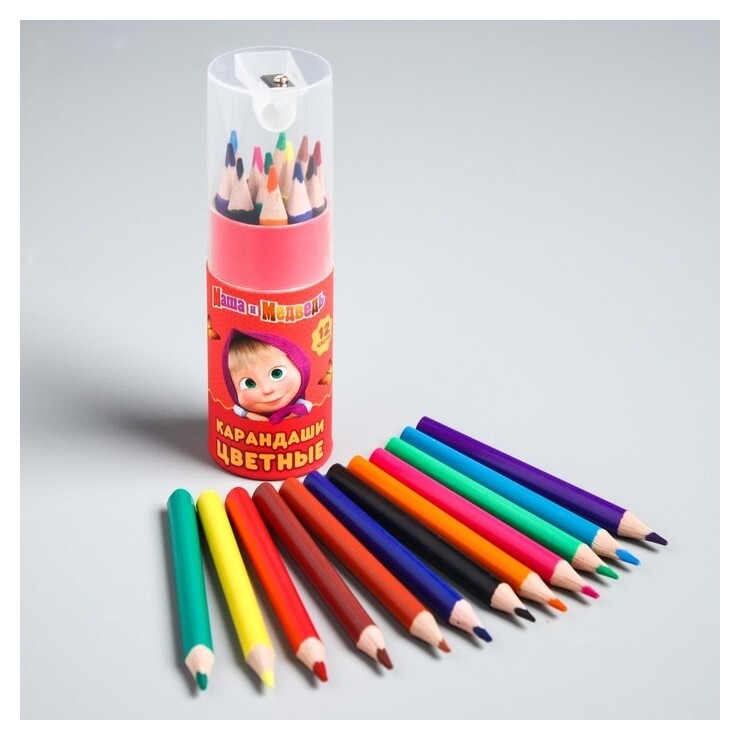 Карандаши цветные в тубусе с точилкой, 12 цветов  Маша и Медведь