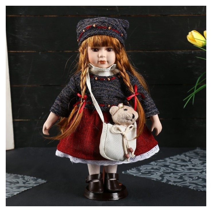 Кукла коллекционная Настенька в свитере и вязаной шапке с сумочкой