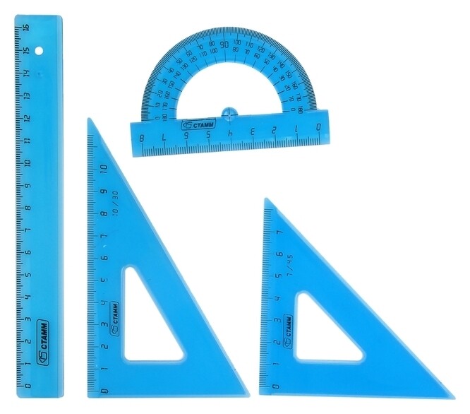 Набор геометрический малый: линейка 16 см, треугольник 7 см 45*, треугольник 10 см 30*, транспортир 8 см 180*, тонированный  Стамм
