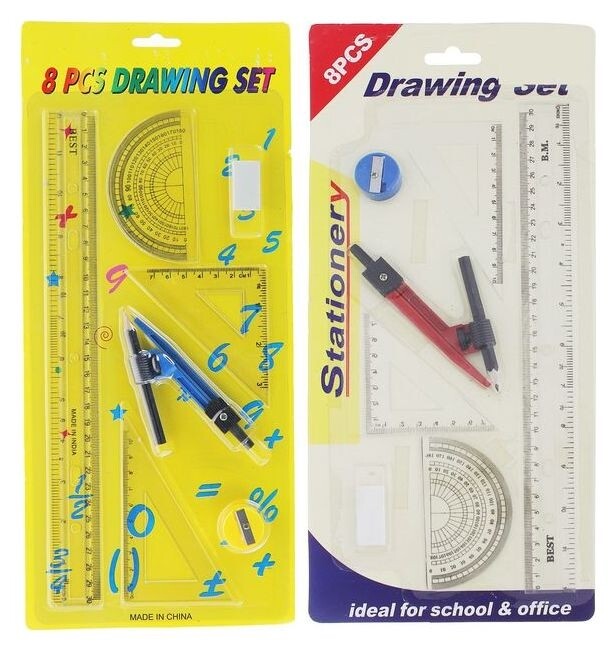 Набор геометрический: линейка 30 см, 2 угольника, транспортир, точилка, ластик, циркуль 