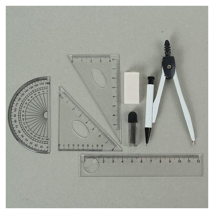 Циркуль металлический в пластиковом пенале, с механическим карандашом, грифелями, ластиком, линейкой, 2 треугольниками и транспортиром