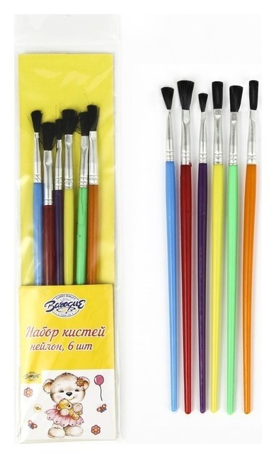 Набор кистей, нейлон, плоские, 6 штук, с пластиковыми цветными ручками