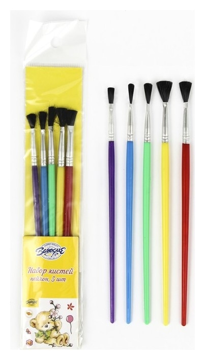 Набор кистей, нейлон, плоские, 5 шт., с пластиковыми цветными ручками