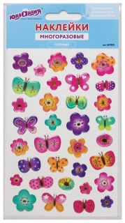 Наклейки гелевые "Бабочки и цветочки", многоразовые, с тиснением фольгой, 10х15 см  Юнландия