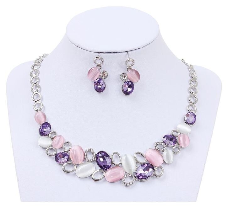 Набор 2 предмета: серьги, колье Листочки, цвет розовый в серебре  Queen Fair