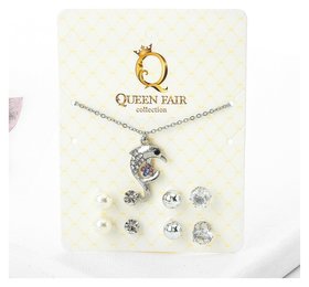 Гарнитур 5 предметов: 4 пары пуссет, кулон Дельфинчик, цвет белый в серебре Queen Fair