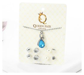 Гарнитур 5 предметов: 4 пары пуссет, кулон Капелька, цвет бело-голубой в серебре Queen Fair