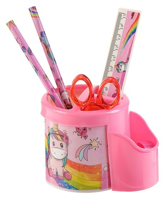 

Набор настольный детский Единорог Подставка с дополнительным отсеком + 2 карандаша + линейка + точилка + ластик + блокнот 8 листов + ножницы