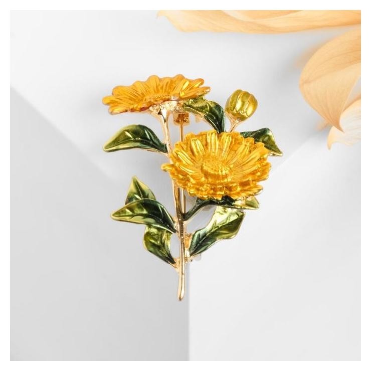 

Брошь "Цветы" календула, цвет желто-зеленый в золоте, Жёлтый