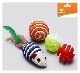 Набор игрушек для кошек: мышь и шарики из сизаля и пластика, микс цветов Пижон