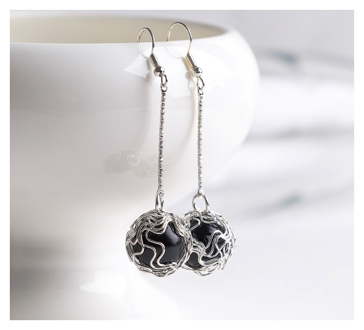 Серьги висячие "Шар плетёный", цвет чёрный в серебре отзывы