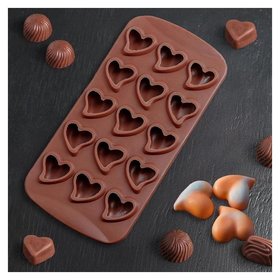 Форма для льда и шоколада "Сердца", 15 ячеек, цвет шоколадный Доляна