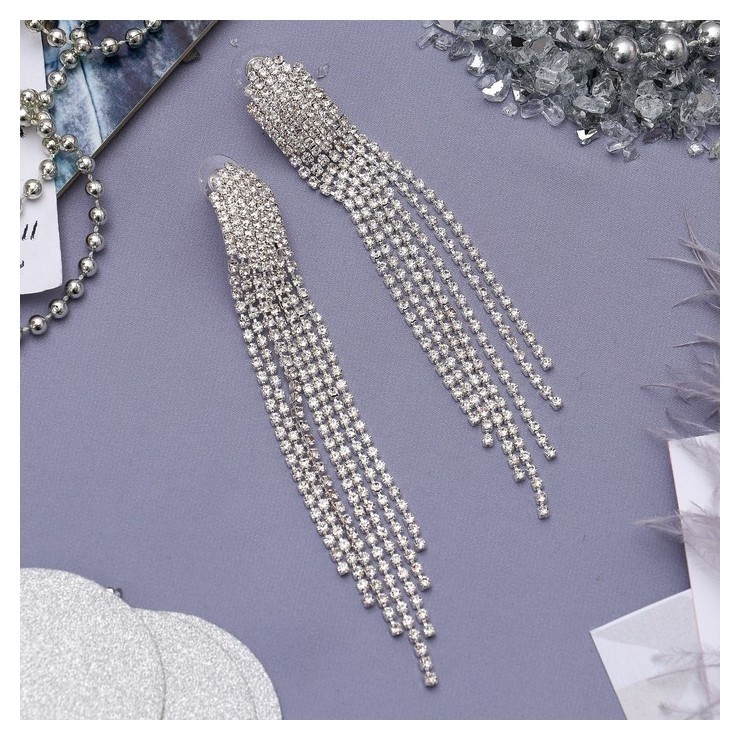 

Серьги висячие со стразами "Голливуд" водопад нитей, цвет белый в серебре