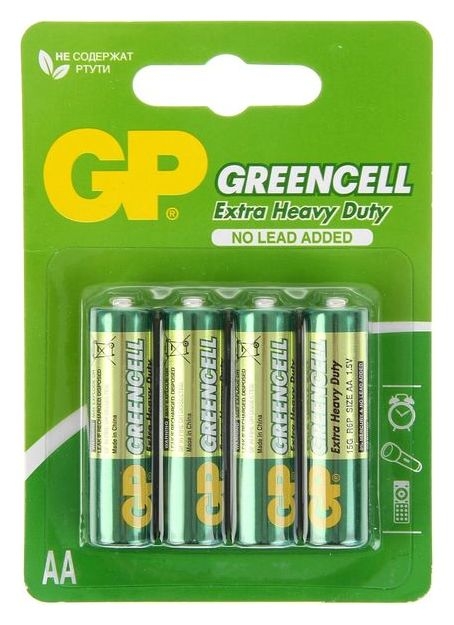 Батарейка солевая GP Greencell Extra Heavy Duty, AA, R6-4bl, 1.5в, блистер, 4 шт.