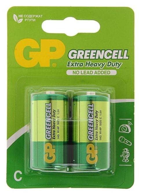 Батарейка солевая GP Greencell Extra Heavy Duty, С, R14-2bl, 1.5в, блистер, 2 шт.