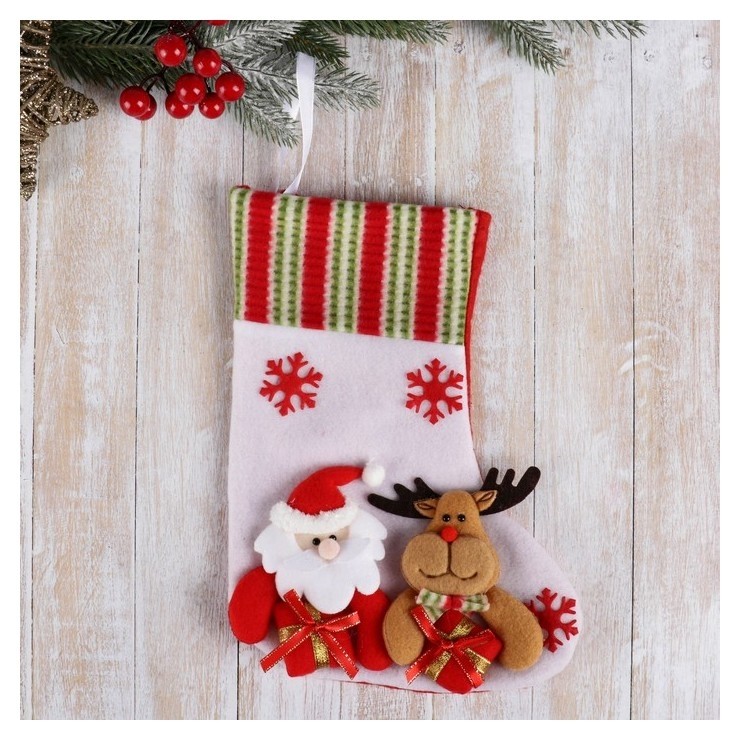 

Носок для подарков "Дед мороз с оленем" 26*18 см, Белый