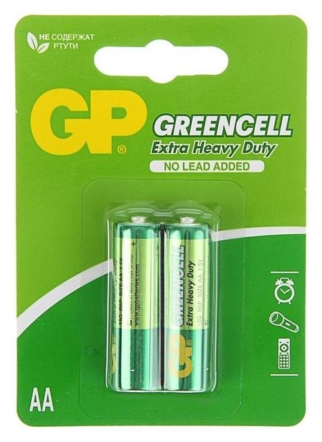 Батарейка солевая GP Greencell Extra Heavy Duty, AA, R6-2bl, 1.5в, блистер, 2 шт.