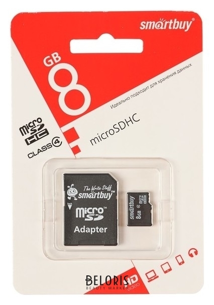 Карта памяти Smartbuy Microsd, 8 Гб, Sdhc, класс 4, с адаптером SD Smartbuy