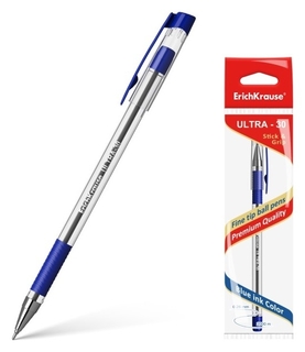 Ручка шариковая Erich Krause Ultra-30, узел-игла 0.7 мм, чернила синие, резиновый упор, длина линии письма 2000 метров, 1 штука в пакете с европодвесом Erich krause