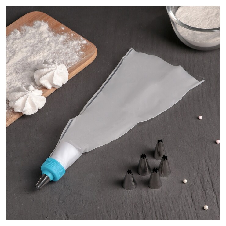 Мешок кондитерский 29×13 см, 5 насадок D=2 см  Доляна