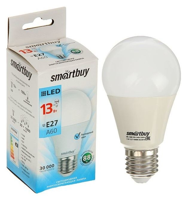 

Лампа Cветодиодная Smartbuy, A60, E27, 13 Вт, 4000 К, дневной белый свет