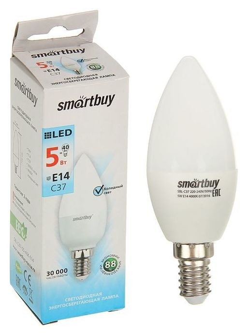 

Лампа Cветодиодная Smartbuy, C37, E14, 5 Вт, 4000 К, дневной белый свет