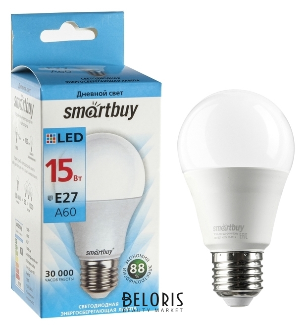 Лампа Cветодиодная Smartbuy, A60, E27, 15 Вт, 4000 К, дневной белый свет Smartbuy