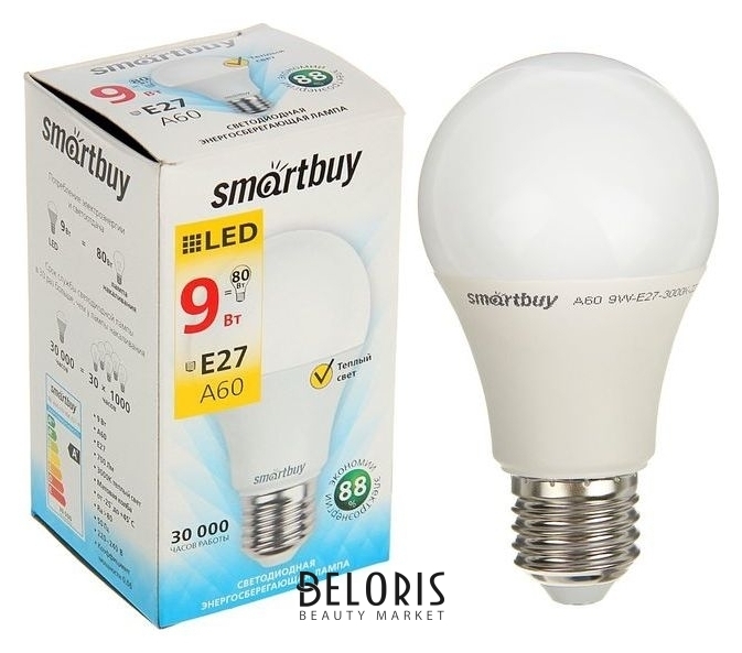 Лампа Cветодиодная Smartbuy, A60, E27, 9 Вт, 3000 К, теплый белый свет Smartbuy