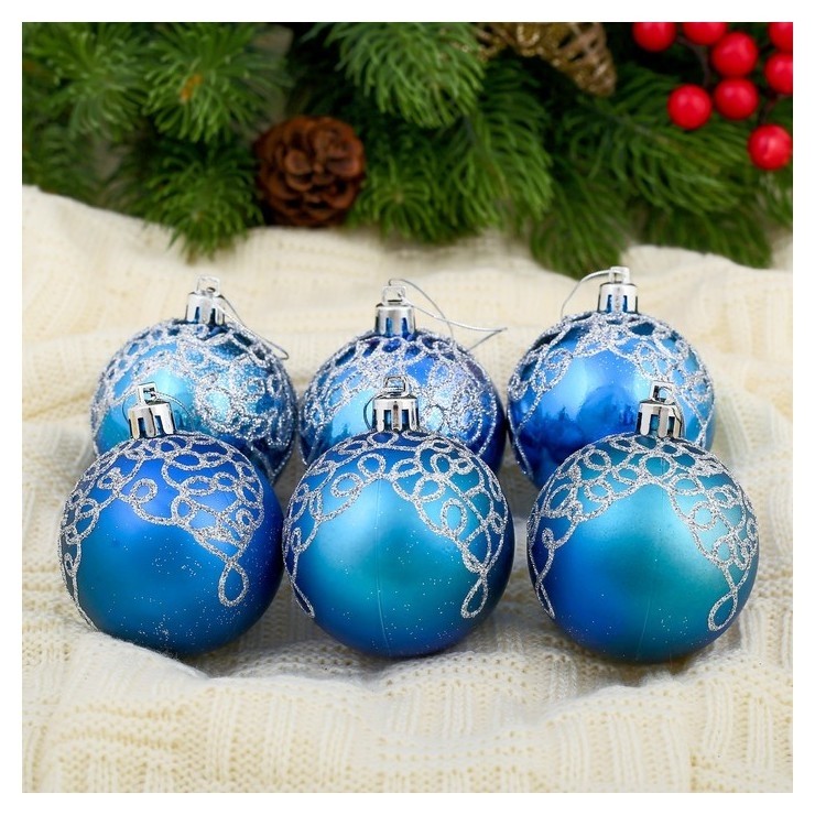 

Набор шаров пластик D-6 см, 8 шт "Кружева" синий