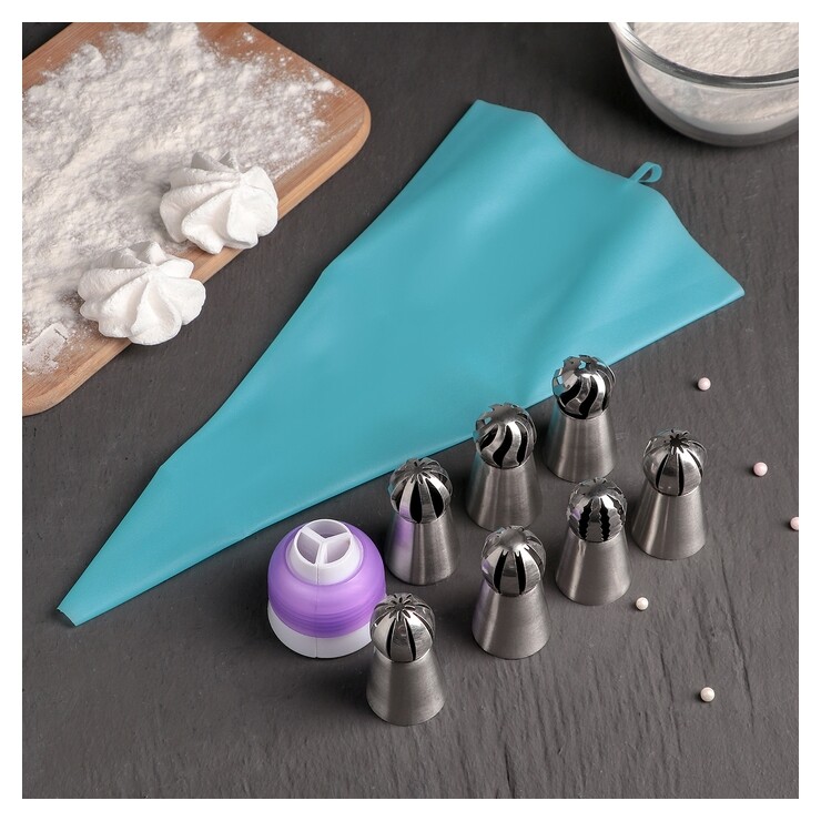 Набор кондитерский, 9 предметов: мешок, 7 насадок (Диаметр основания 3 см), адаптер  Доляна