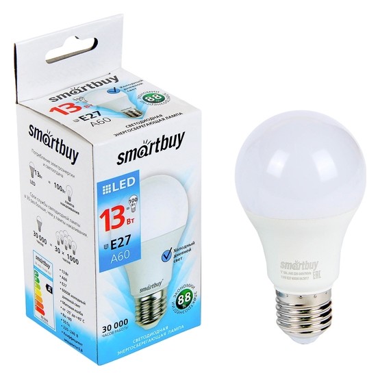 

Лампа Cветодиодная Smartbuy, A60, E27, 13 Вт, 6000 К, холодный белый свет